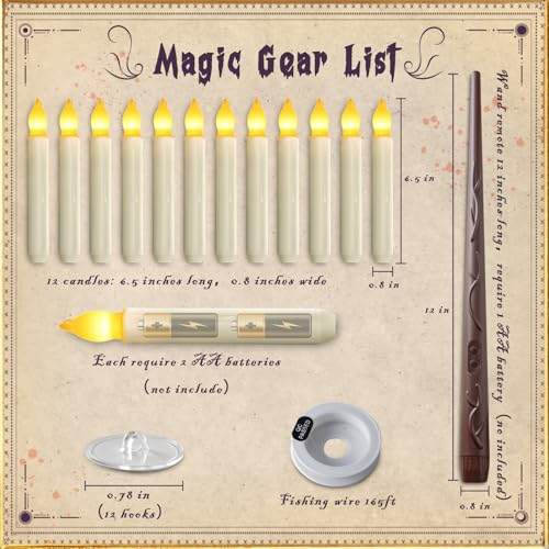 Floating Candle Set with Wand Remote - 12 Warm Yellow Flameless LED Candles - Witch Decor