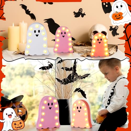 Halloween Ghost LED Table Centerpiece Set - Pink & White Wooden Decor for Home & Party