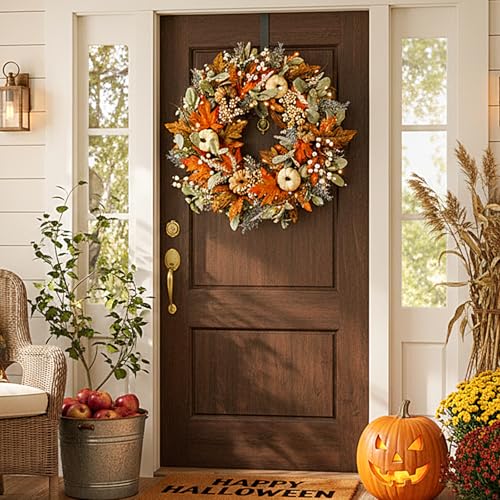 Yellow 24-Inch Pre-Lit Harvest Fall Wreath for Front Door - Thanksgiving Decor