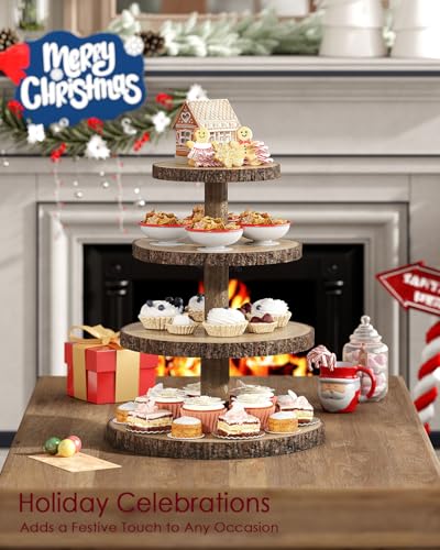 Wood Cupcake Stand 4 Tier Roud Rustic Cake Display Holder for Parties