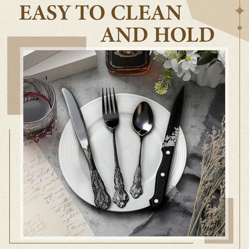 72-Piece Gothic Black Silverware Set for 12 - Flatware for Dinner Parties & Holidays with Royal Engravings