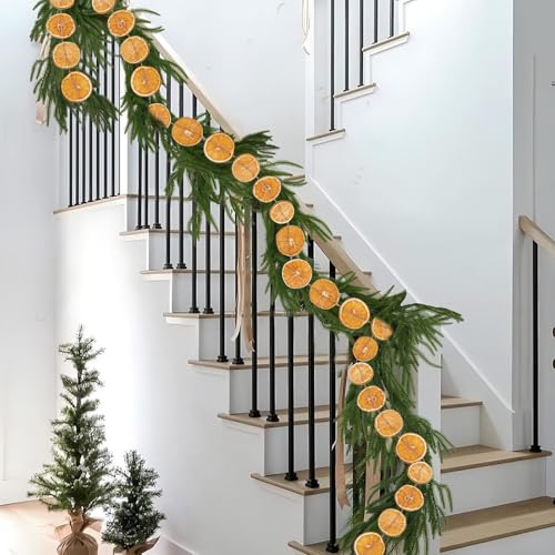 9 Ft Artificial Norfolk Pine Garland with Orange Slices Christmas Decor for Indoor & Outdoor Holiday Festivities