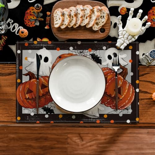 Black Jack O Lantern Halloween Placemat Set of 4 - 12 x 18 Inch Rectangular