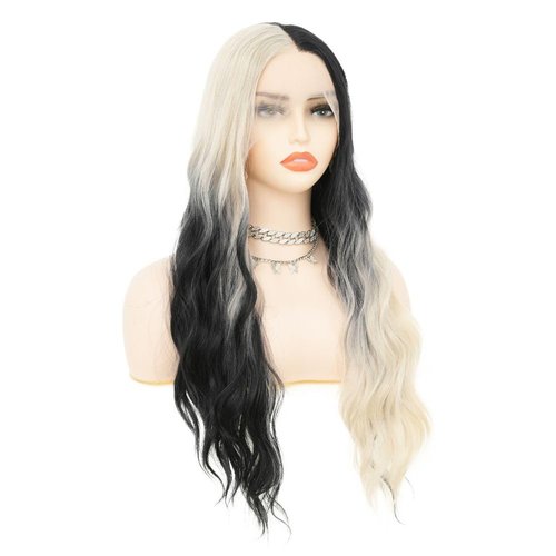 Salaibs White Ombre Black Lace Front Wigs for Women Long Curly Wavy Natural Synthetic Hair Wig for Daily Party Cosplay Halloween Use