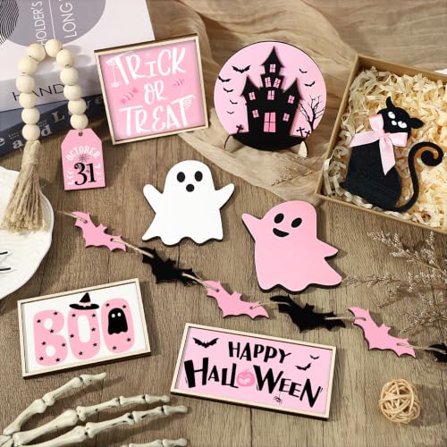 Pink Halloween Tiered Tray Decor Set - Indoor Wooden Signs with Ghost Bat Pumpkin Centerpieces