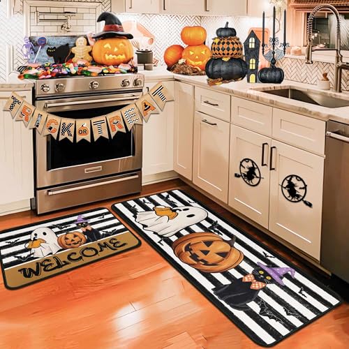 Halloween Pumpkin Ghost Bat Black Cat Door Mat Set of 2 - Floor Rugs for Home & Kitchen Decor - Black Cat Variation