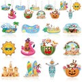 Summer Halloween Tree Ornaments Set - Wooden Tropical & Spooky Decor, 24 Pieces