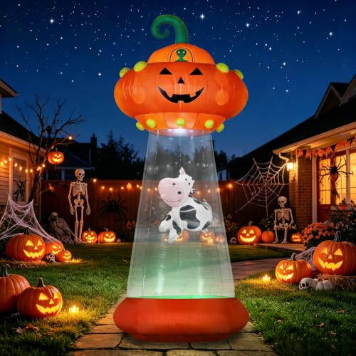 Halloween Inflatable Pumpkin UFO - 8 FT Outdoor Yard Decoration with Alien Cow and LED Lights - Variation: Pumpkin UFO