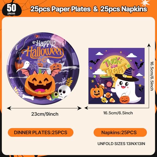 Halloween Paper Plates and Napkins Set - 50 Pieces, Festive Pumpkin & Ghost Design