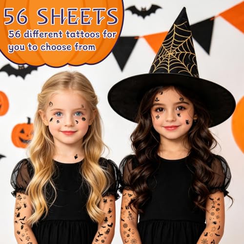 Halloween Temporary Tattoos Sheets - 56 Sheets with Pumpkin Bat Spider Designs