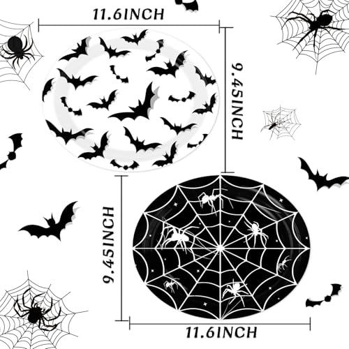 Halloween Party Plates Set - 50 Disposable Spooky Dinnerware with Spider Web & Bat Designs