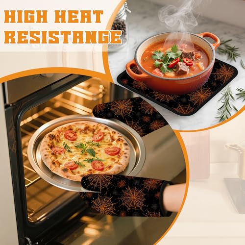Halloween Spider Web Oven Mitts and Pot Holders Set - Heat Resistant Kitchen Decor, 4 Piece Halloween Kitchen Accessories