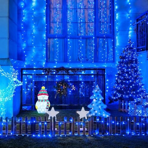 Blue Christmas String Lights - 50 LED Outdoor Mini Lights with 8 Modes & Timer - Waterproof Battery Operated, 16ft