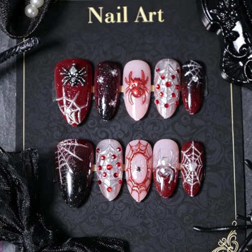 Halloween Press On Fake Nails Almond 3D Spider Web Red Black - Variation of THIS listing