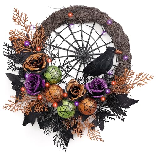 Valery Madelyn 18-Inch Pre-Lit Halloween Wreath for Front Door Decor - Timer