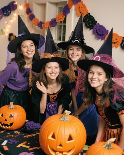 Girls Lace Witch Hat Kids Halloween Costume Foldable Veil - Black, Small