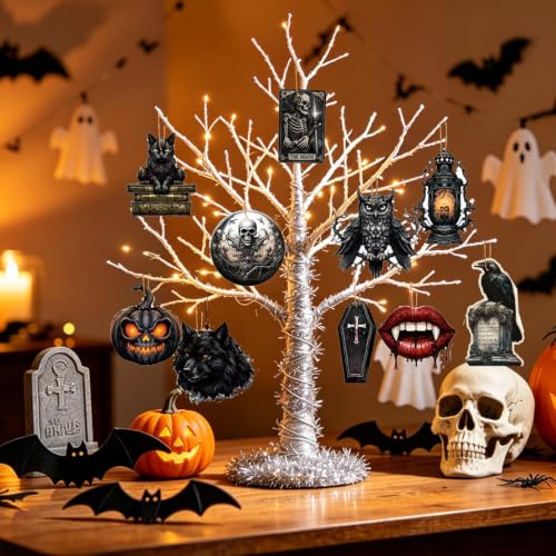 Halloween Tree Ornaments Set - Wooden Horror Decorations for Christmas & Party