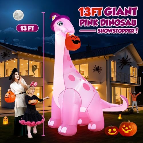 Giant Pink Dinosaur Halloween Inflatable - 13FT Yard Decor with LED Lights & Blower