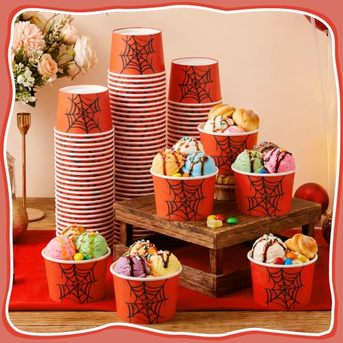 Disposable Ice Cream Cups 8 Oz - Red Spider Design, 100 Pack
