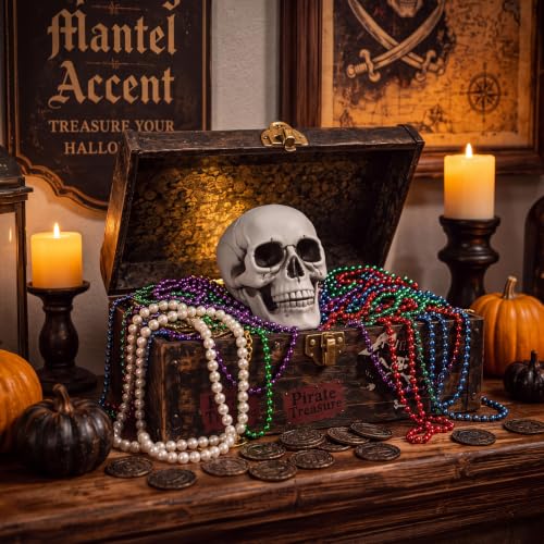 Pirate Treasure Party Decorations Kit with Coins Beads and Skull - Halloween & Birthday
