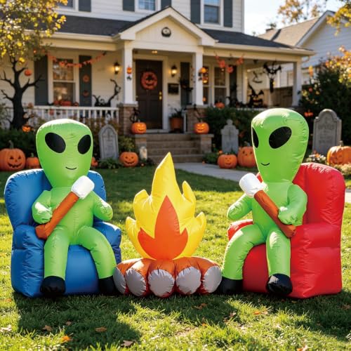 Halloween Inflatable Decor Alien Campfire - Cute Roasting Marshmallows with Built-in LEDs