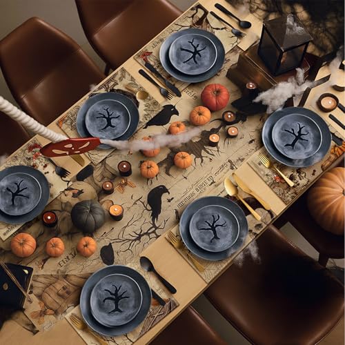 Gothic Halloween Placemats with Runner Set - Spooky Forest Skull Bat Table Decor