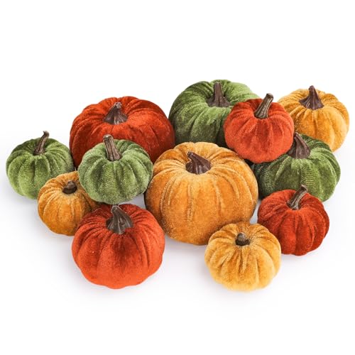 Artificial Velvet Pumpkins Fall Decor Set - Orange Green Yellow 3 Sizes, 12 Pcs