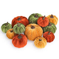 Artificial Velvet Pumpkins Fall Decor Set - Orange Green Yellow 3 Sizes, 12 Pcs