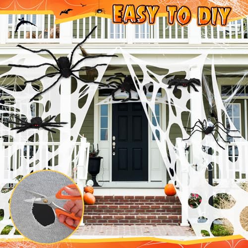 Halloween Outdoor Decoration Giant Spider Web with Black Fake Spiders - White & Black Variations