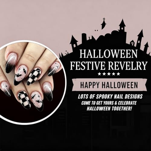 Halloween Press On Nails Black French Tip - Medium Almond Style-35