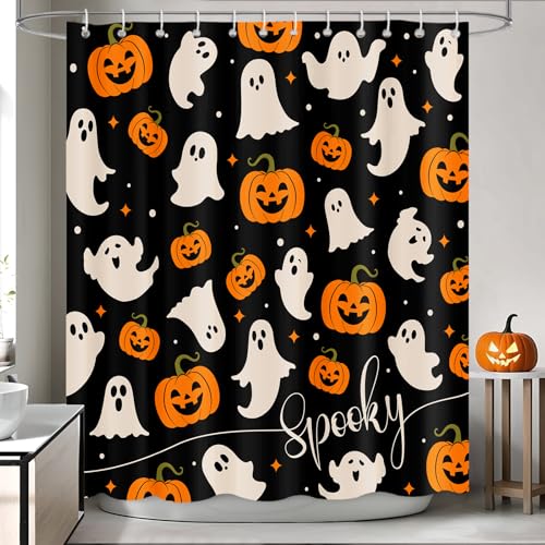Halloween Ghost Pumpkin Shower Curtain - Black, Waterproof, 72x72 in