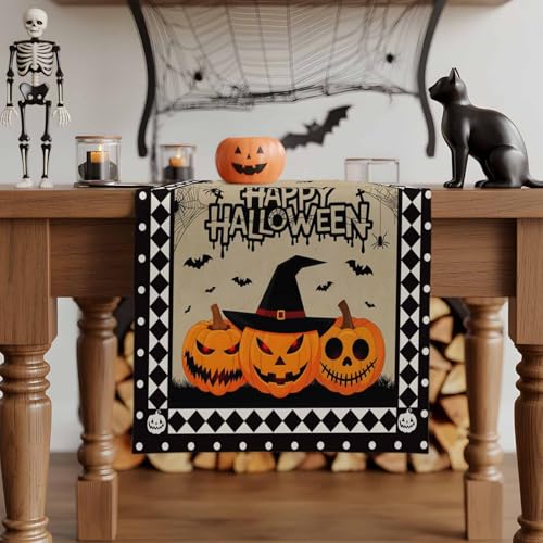 Halloween Table Runner 13x108 Inches - Haunted House Pumpkin Decor for Dining & Parties