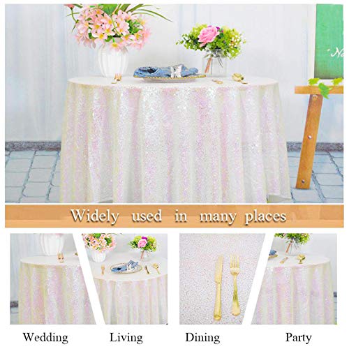 Iridescent White Round Sequin Tablecloth 72 Inch Wedding Birthday Decor - Sparkly Overlay