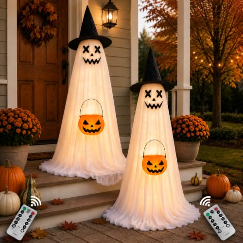 Outdoor Halloween Ghost Decorations - 2 Pack Light-Up, Adjustable Height 3-5 ft