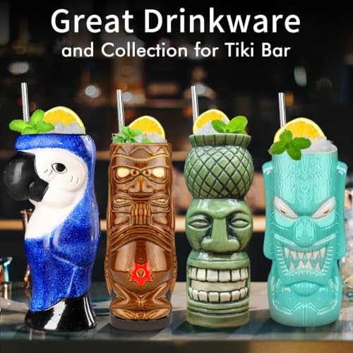 SuproBarware Tiki Mugs Set of 4 - Large Ceramic Hawaiian Party Drinkware