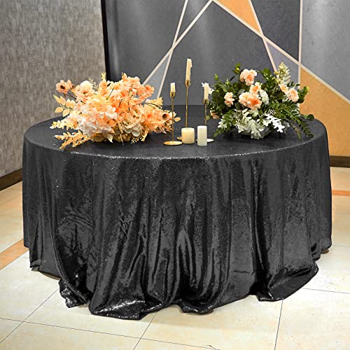 Black Blue Sequin Round Tablecloth 120 Inch Glitter Cover - Variation: Black / 120"