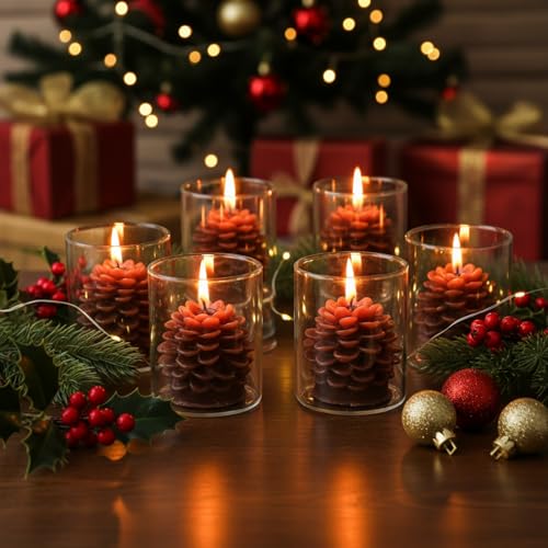 Set of 6 Pine Cone Candles with Glass Containers - Holiday Decor, Christmas, Halloween