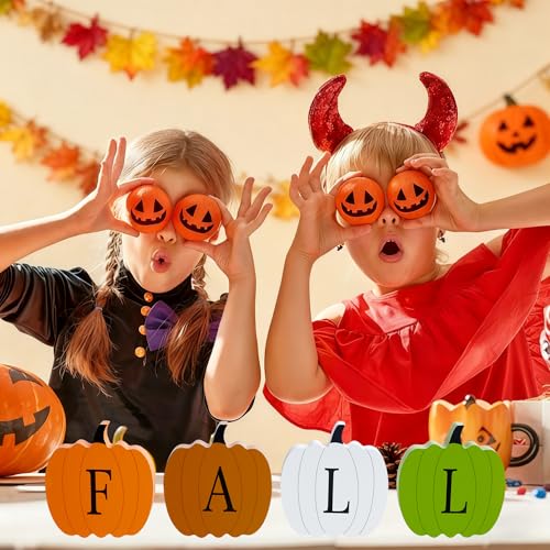 4 PCS Fall Pumpkin Wooden Decor Set - Autumn Halloween Desk Ornaments