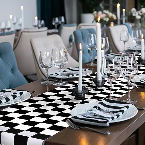 Preboun 3 Pcs Black White Checkered Plastic Table Runner - 14 x 108 Inches - Racing Theme Party Supplies
