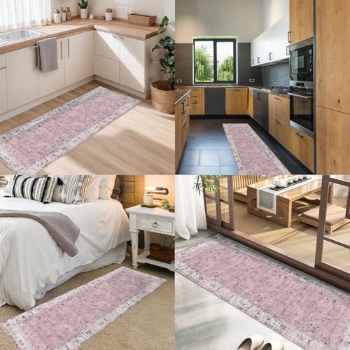 Pink Boho 2x6 ft Washable Hallway Runner Rug - Non Slip Vintage Entryway Carpet