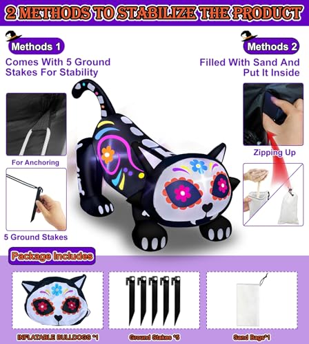 5 Ft Day of The Dead Skeleton Cat Inflatable Halloween Decor with Lights