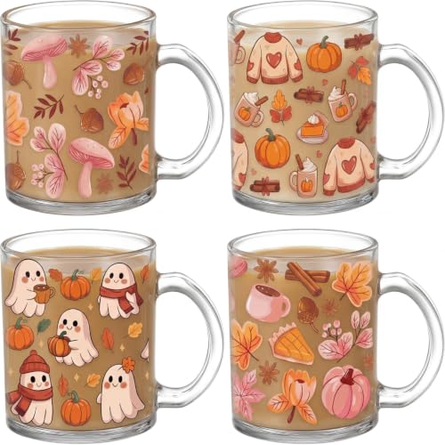 Fall Coffee Mug Set - 4 Pcs 12 oz Pumpkin & Leaf Harvest Glass Cups - Variation Leaf