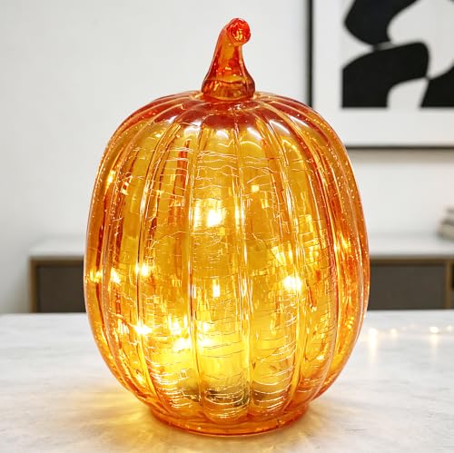Gold Crackled Glass Pumpkin Lights with Timer - Fall Home Decor