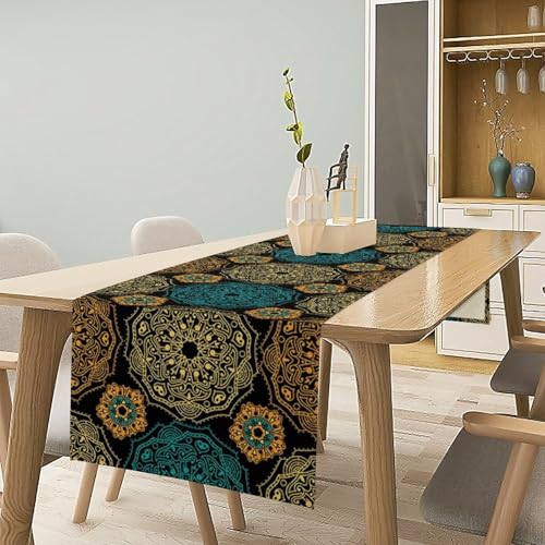 Mandala Floral Table Runner - Bohemian Ethnic Gold Pattern 13x36in - Rustic Home Decor