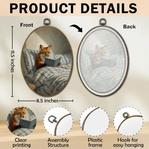 Reading Fox Canvas Wall Art - Oval Framed Decorative Print, 11x8.5 Inch