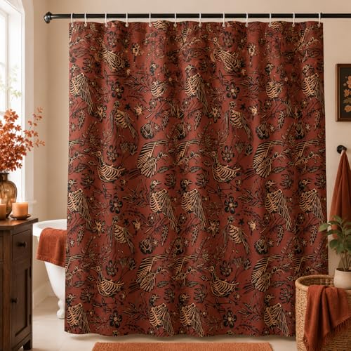 Gothic Bird Skeleton Shower Curtain with Hooks - Halloween Bathroom Decor
