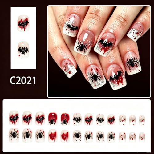 Halloween Square Press On Nails Blood Splash Spider Bat Design - Variation 10