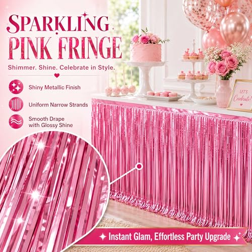 Pink Foil Fringe Table Skirt - 2 Pack, 29x108 Inch Party Decor