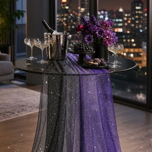 Black & Purple Sequin Sheer Table Runner 120 Inch 6PCS - Boho Wedding Holiday Decor