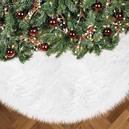 48 Inch White Faux Fur Christmas Tree Skirt for 7.5-9 Ft Trees - Holiday Decor